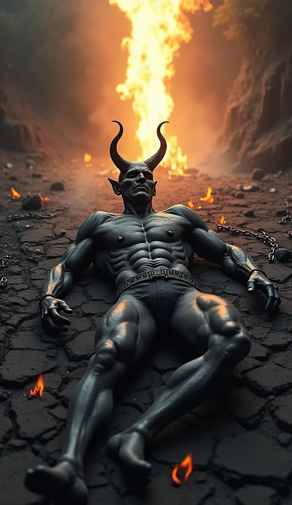 "A powerful and symbolic scene showing the devil defeated. The devil is in a subjugated position, defeated and fallen, with an expression of frustration and defeat. The surrounding scenery is dramatic and intense, with a combination of dark colors and extinguished flames to emphasize the end of its power. There may be symbols of your defeat, like chains, ruins or signs that its influence has been broken. No fundo, there may be a radiant light or glow that symbolizes the victory of good over evil. The image should convey a sense of triumph and resolution., highlighting the definitive defeat of the devil."