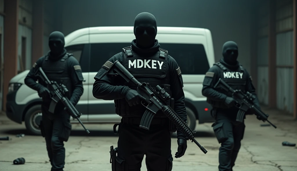Photorealistic photograph of a modern military man in an all-black uniform. It stands in an abandoned hangar., illuminated by a single spotlight, directed at him. His bulletproof vest is emblazoned with the words “MDKEY” in large white letters.. The atmosphere is tense, full of mystery, with a sense of hidden danger. details: A soldier holds an American assault rifle model M4A1 in his hand, his face is hidden under a black mask, the remains of military equipment are scattered on the floor. Behind him, in shades, there is a white minivan with fully tinted windows. To the left and to the right of it, a little further away, there are two of the same soldiers in black uniforms, with weapons at the ready. One of them is slightly to the left of the center., the other one is a little to the right.
