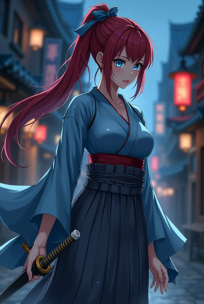 Anime-style kimono, Japanese woman, blue eyes, red hair, long hair, ponytail, grey hakama, blue top, Japanese sword on left hip, large breasts, blue ribbon hair clip, night, very dark city of Kyoto, lots of blood splattering all over her body like a waterfall, Battousai the Assassin, face looking down, biting lower lip, no sparkle in eyes, standing