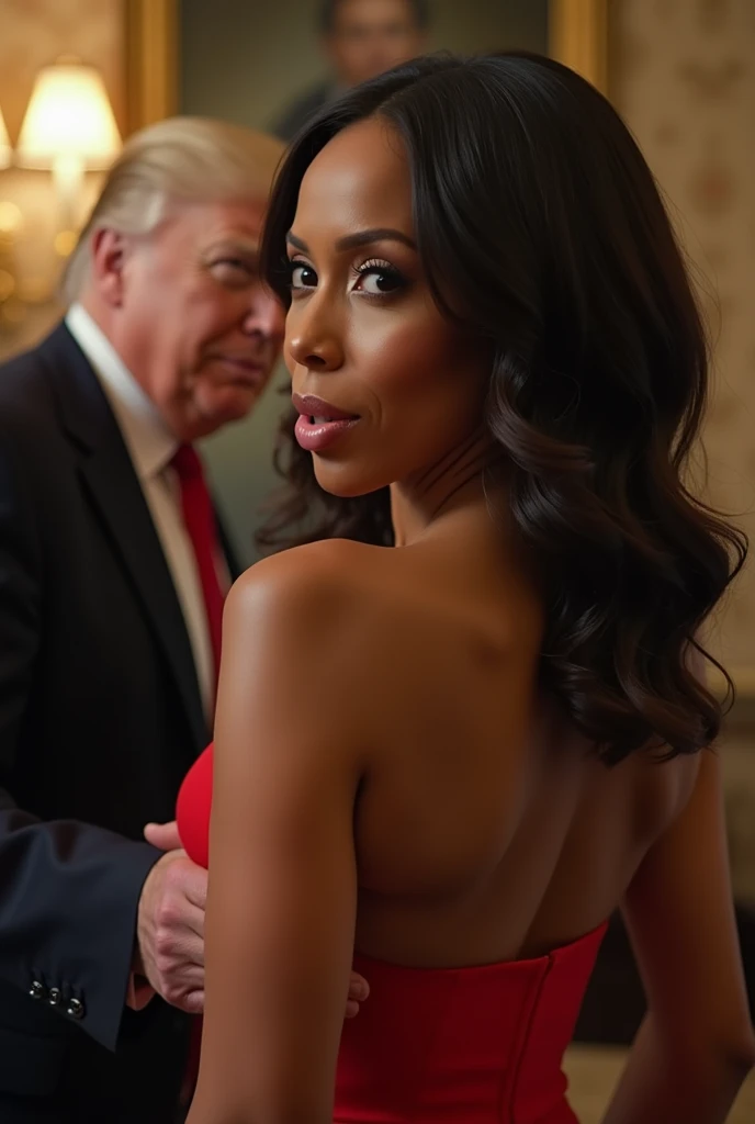 Vice president Kamala harris getting fucked from bebehind by big dick Donald Trump . busty and thick. Bent over fully naked ,, High Resolution, sideways Looking at viewer, Fang, Tongue Out, Accurate, Best Quality, showing her pussy from the back