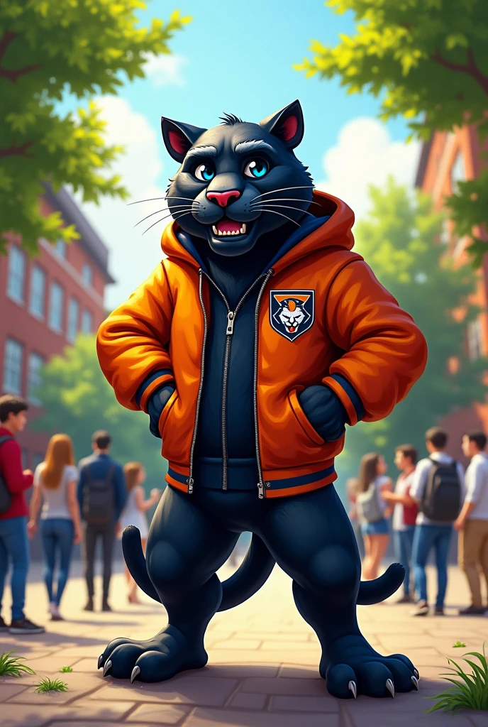 Cartoon panther with muscles wearing a jacket, that a university be represented