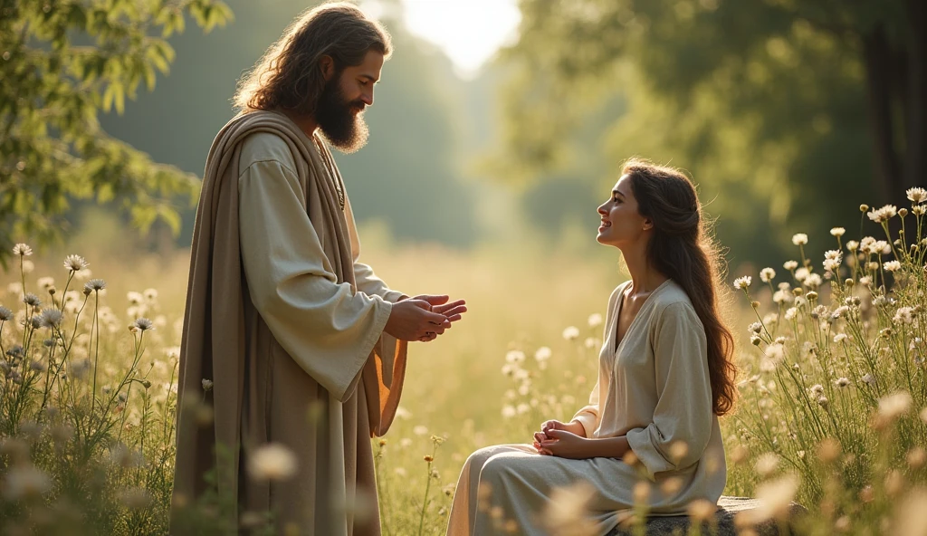 John the Baptist talking to a woman, sharing wisdom. The atmosphere is quiet, with flowers around. The color palette is muted, creating an atmosphere of peace and understanding.