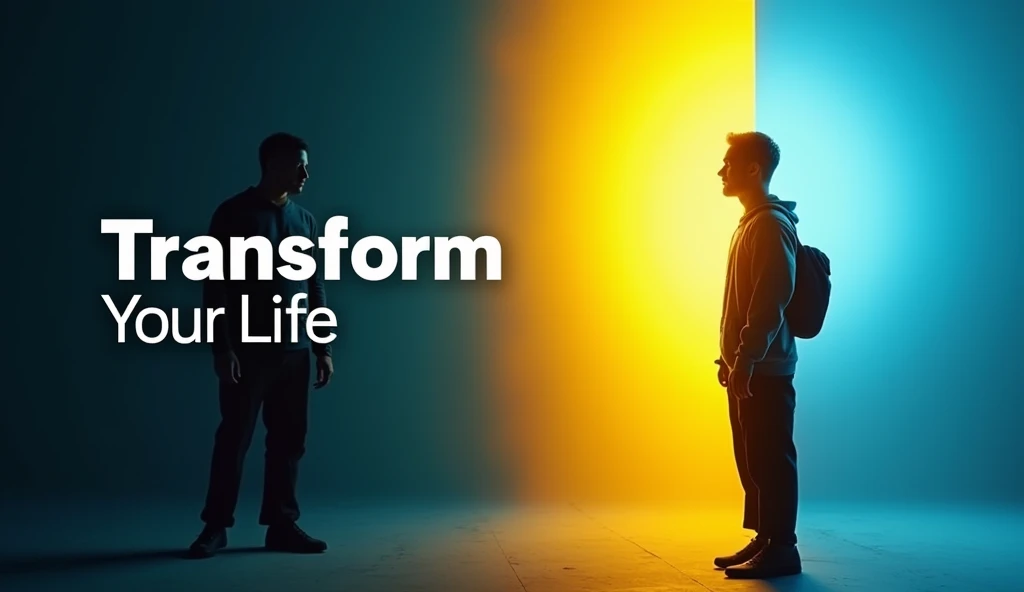   "prompt": "Create a YouTube thumbnail featuring a 'before and after' concept. On the left side, a person appears shy and withdrawn in dull colors, while on the right side, they are confident and empowered, standing in a spotlight with a golden aura. The background transitions from dark tones to vibrant Electric Blue (#007bff) and Neon Yellow (#ffff00). The text reads 'Transform Your Life' in bold, white Roboto font with a shadow effect."
