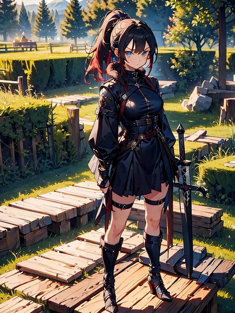  Very detailed, blue eyes, Redhead, Angry expression,Wearing a black fur jacket, Medium Hair,ponytail, Anime Style, whole body, alone, Stylish Gladiator Girl, I have a rapier,Standing in the Wilderness,