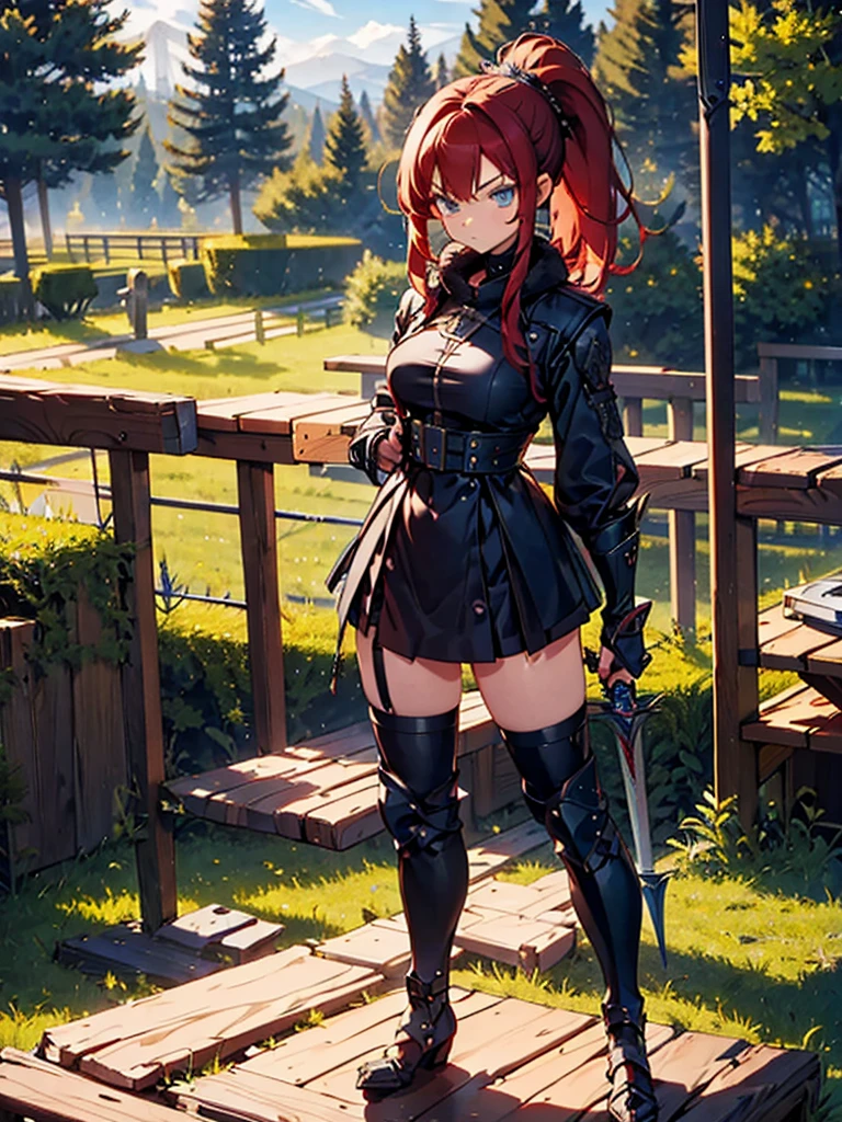  Very detailed, blue eyes, Redhead, Angry expression,Wearing a black fur jacket, Medium Hair,ponytail, Anime Style, whole body, alone, Stylish Gladiator Girl, I have a rapier,Standing in the Wilderness,