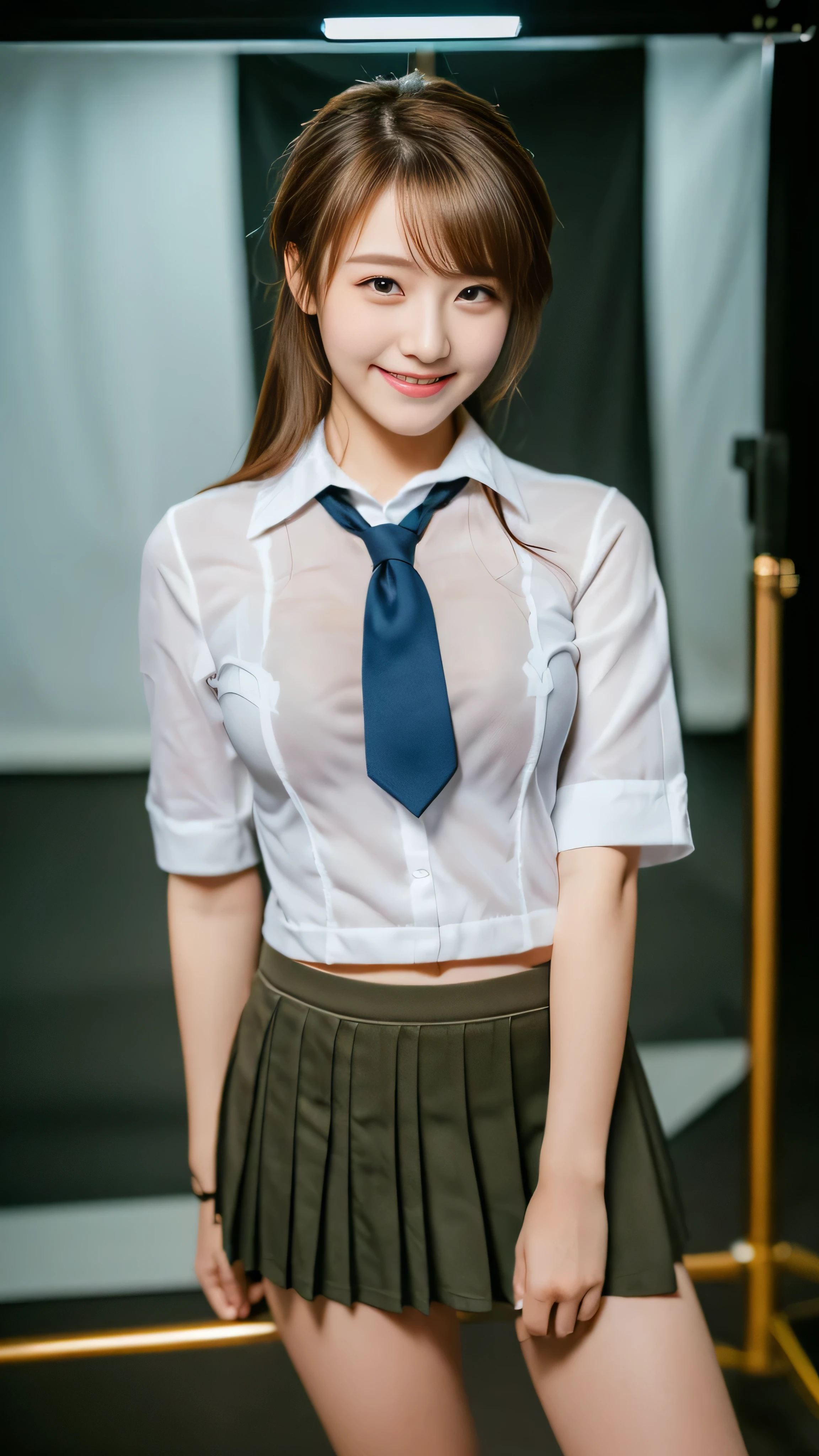 (1 female), short bob, 18 years old, Japanese, brown eyes, brown hair, slim, (flat chest), high school girl, classroom, summer uniform break at school Her blouse was semi-transparent and her bra was visible. black bura:0.6