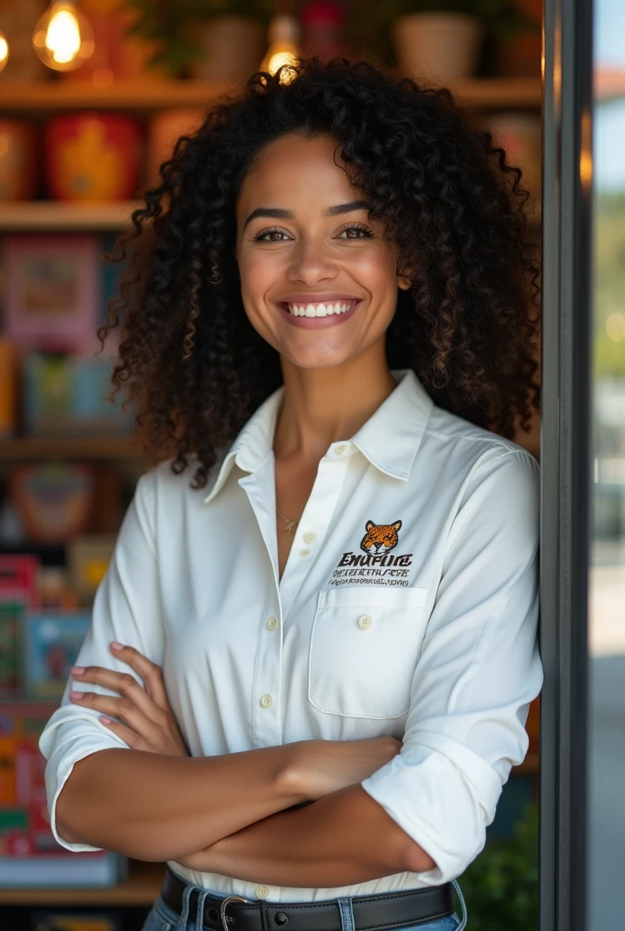 Make me a realistic light skinned latina woman for my shop,eyes browns,Black curly hair, be wearing a full-length button-down tailored sleeve dress shirt,that she is smiling,I want this phrase printed on the clothes "Tiger Empire" being on the left chest and which appears to be very professional