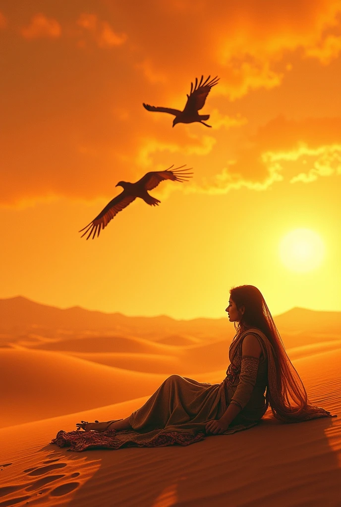 Sasi dying in the desert but his eyes waiting for her beloved Punoo. Vulture are waiting to eat her after dying. Sasi was a female and Punoo was her beloved. It is a folk tale from the Pakistan. Please draw image of female at the distance on the up side. It should be seen too much far. No no mean at down side.