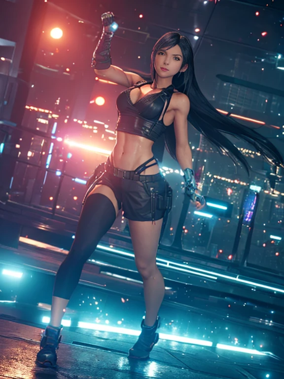  ((Master quality, 8K, masterpiece:1.3, ultra-detailed, high resolution, RAW Photos, detailed , blurry, Actual, hyper realistic, photo, HDR)), BREAK, perfect( anatomy:1.5, hands, fingers, legs, feet), detailed eyes, BREAK, One person alone, ff7r style, tifa lockhart, beautiful face, beautiful brown eyes, (dynamic posing ), long hair, ( Round and Stacked Breasts ), Cleavage, seductive smile:1.5, Sweat-soaked skin, BREAK,  , Graffiti art, BREAK, ( Random Angle, full-body, ), dynamic angle, , background(Realistic , cinematic lighting, depth of field, night , the full moon,, cyberpunk city atmosphere light particles, , )