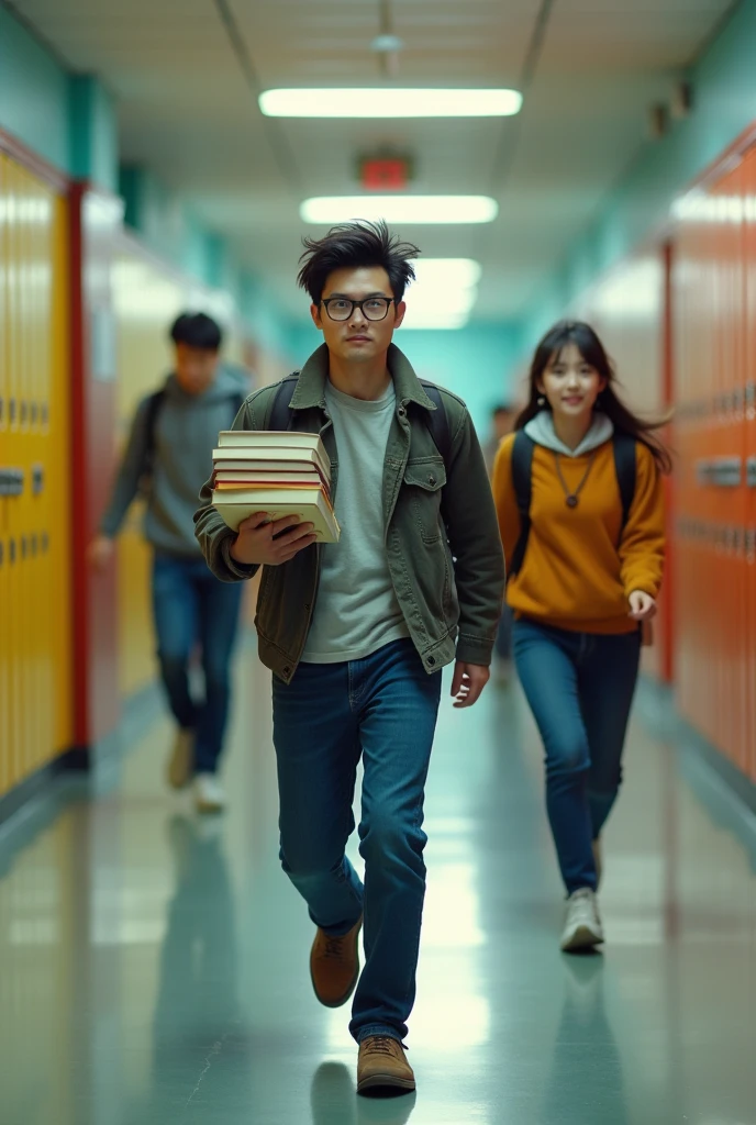 A nerdy man ignoring a girl who is running after him through the halls of a Seoul school, for being very much in love with him, bet, he avoids her angrily.