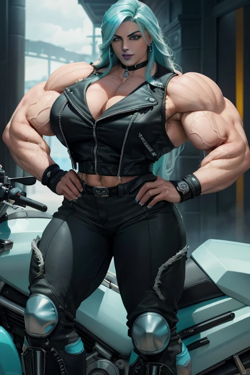 (((Close-up))), tall, (cyan hair) beautiful muscular woman, long beachy hair, pale white skinned, large breast, closed smile, (black lipstick), ((massive muscles)), (hyper muscle), ((ginormous bulky muscles)), purple eyes, (((sleeveless motorcyclist jacket))), (((motorcyclist pants))), boots, choker, sneakers, in a night town,