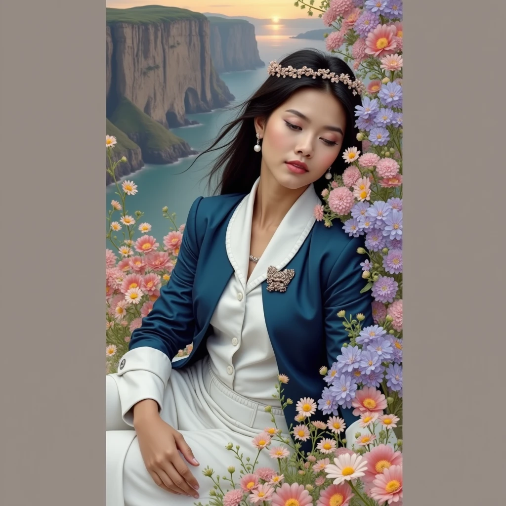 a cliff many flowers, colorful flowers, beautiful sky, matte painting 8k, matte painting 8k, vertical 8K wallpaper, vertical 8K wallpaper, 4k vertical wallpaper, 4k vertical wallpaper, lost series, realistic fantasy representation, digital painting with 8k resolution, digital painting with 8k resolution, Jessica Rossier fantasy art, Matte painting rendered in 4K, 3D rendered matte painting