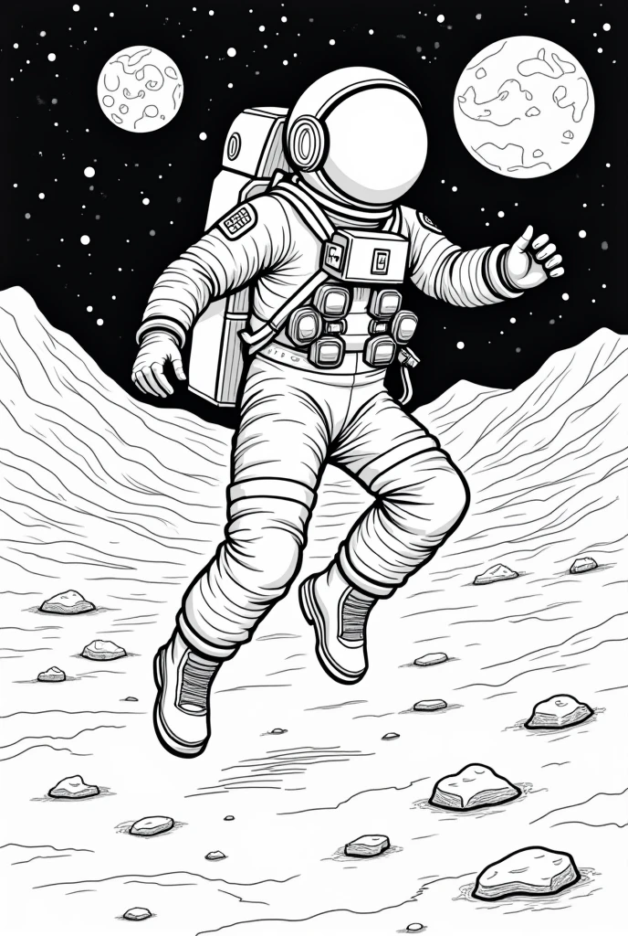 Astronaut floating on the moon coloring page black and white