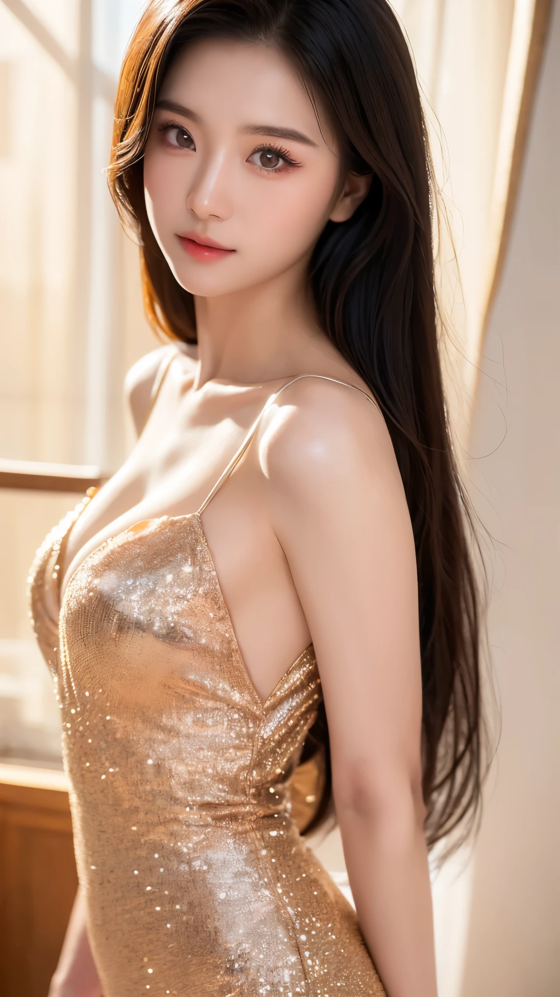 Super detailed realistic artwork, 8k, cinematic, impressive lighting, high resolution, 8k, professional layout (realistic masterpiece, best quality: 1.2), a beautiful, cute, adorable young Asian girl, lightly made-up face, sparkling double eyelids are the highlight that attracts the viewer, sexy standard body combined with sexy dress attracts all eyes. solo.