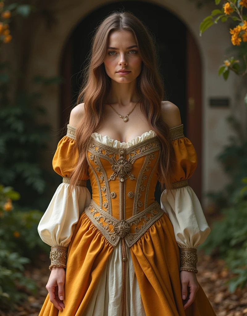 Hyper detailed full body shot of Willa Fitzgerald, 30 years old, 1 girl, solo, masterpiece, conceptual portrait, hyper detailed medieval dress in neutral warm colors, character concept of medieval adventure movie, the entire figure dressed in witcher style, standing facing the viewer:1.5, frontal full body shot, beautiful woman, skinny thin waist:1.5, small breasts:1.5, curvy hips and thighs:1.5, straight brown hair, detailed face, tangledadventure:1, RootsBranchesAI