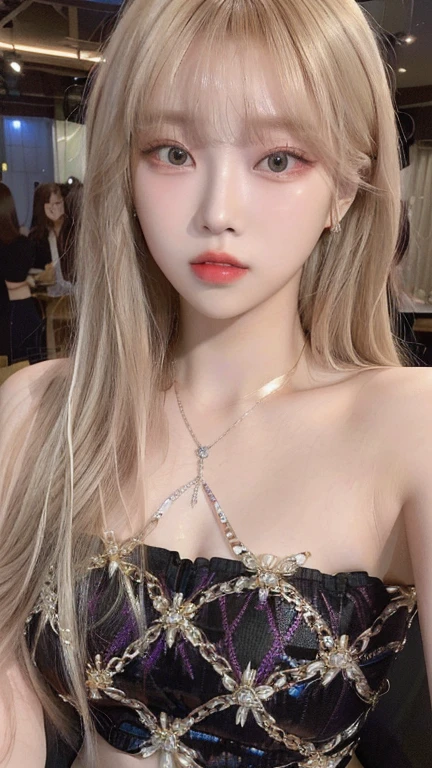 blond haired girl with a necklace and a black dress, lalisa manobal, ulzzang, pale skin curly blond hair, yanjun chengt, portrait of jossi of blackpink, with long blond hair, pale porcelain white skin, lalisa manoban of blackpink, ava max, jinyoung shin, portrait of kim petras, taejune kim  jisoo from blackpink, popular south korean makeup, quality detailed ,(beautiful makeup :1.2), Wide hips, big, big ass, (best quality, 8K, masterpiece: 1.3), Clear focus: 1.2, Perfect body beauty: 1.4, strong abs, Very detailed face and skin texture. , detailed eyes, double eyelids, (long hair), having very marked curves, with greater volume in ((hips and breasts)), which makes the waist look much smaller ((wasp waist)).