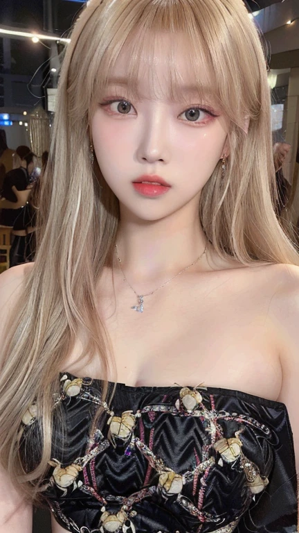 blond haired girl with a necklace and a black dress, lalisa manobal, ulzzang, pale skin curly blond hair, yanjun chengt, portrait of jossi of blackpink, with long blond hair, pale porcelain white skin, lalisa manoban of blackpink, ava max, jinyoung shin, portrait of kim petras, taejune kim jisoo from blackpink, popular south korean makeup, quality detailed ,(beautiful makeup :1.2), Wide hips, big, big ass, (best quality, 8K, masterpiece: 1.3), Clear focus: 1.2, Perfect body beauty: 1.4, strong abs, Very detailed face and skin texture. , detailed eyes, double eyelids, (long hair), having very marked curves, with greater volume in ((hips and breasts)), which makes the waist look much smaller ((wasp waist)).