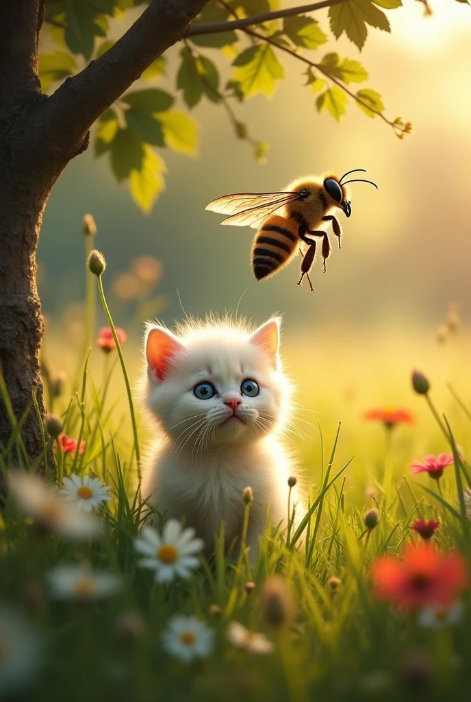A small, frightened kitten with fluffy white fur and big, round blue eyes cowers under a tree as a large, menacing bee hovers above. The scene is set in a bright, sunlit meadow with tall grass and colorful flowers.