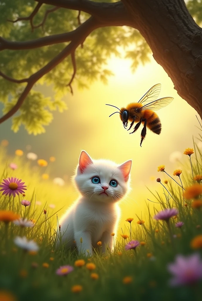 A small, frightened kitten with fluffy white fur and big, round blue eyes cowers under a tree as a large, menacing bee hovers above. The scene is set in a bright, sunlit meadow with tall grass and colorful flowers.