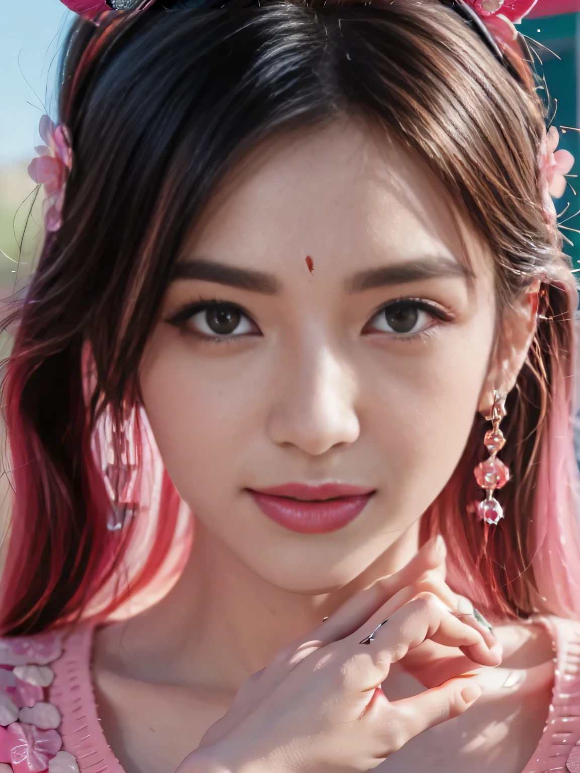 Kanroji Temple Manri, Demon Slayer, Green Eyes, Pink gradient blue-green, Modern city background, Detailed hand details Detailed face details, Delicate eyes, Ultra-realistic, Extremely detailed, best quality, masterpiece.
