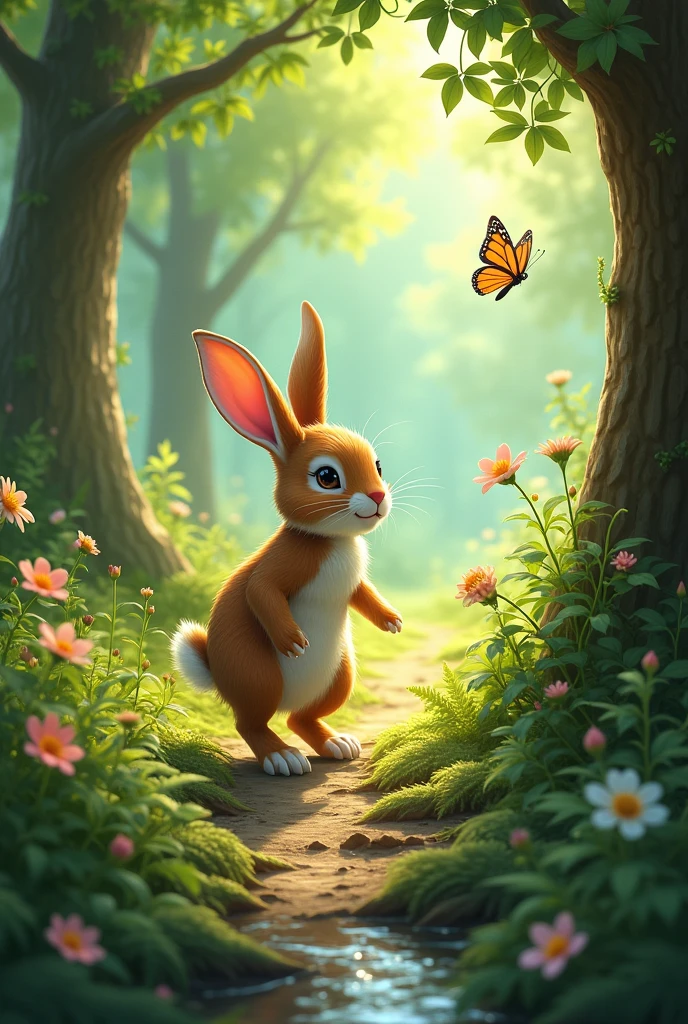 

Scene 4:
Clover(rabbit) Finds the Hidden Path

Setting: Near the stream, a small hidden path winds through the trees.
Action: Clover(rabbit) follows the path, excited to see where it leads.
Rabbit should be brown