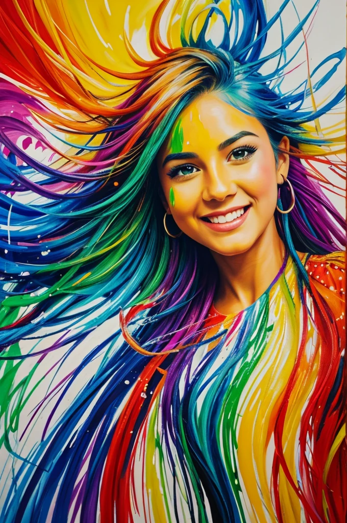 (Best Quality,Ultra-detailed),(Realistic:1.37) beautiful woman draws a picture,Smiling,Covered with wearing a green t-shirt, impatient expression on her face,Artistic creativity,Joyful,Playful,Happy,expressive,Beautiful bright colors,imagination,Artistic talent,Passion for art,Colorful clutter,paint splatter,paint strokes,The Artist's Move,The Creative Process,Presentation of the final result,inspiration,Artistic creativity,Vivid imagination,Drawing tools,Artist's palette,canvas,Artistic expression,brush strokes,A creative journey,Artistic endeavors,Artistic performance,Creative energy,artistic atmosphere,Artistic creativity,Expressive features,Playful atmosphere,Artistic playfulness,Live Art Scene,Artistic triumph,Dynamic composition,Living works of art,green & Vibrants,The result of artistic expression,Energetic manner of writing,A green masterpiece.