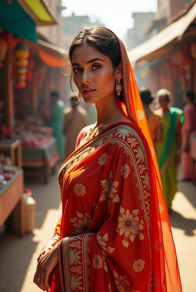Head to toe photography,Saree, Advertisement, Realistic Female Face,bazaar background 
