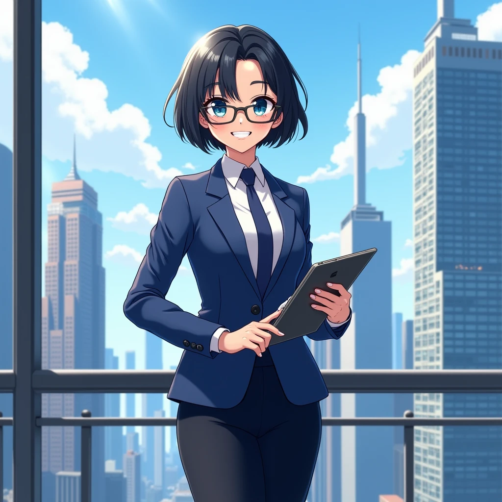 The young woman short black hair and blue eyes wear a blue suit, white shirt, dark blue necktie, black pencil skirt, black underpants, black tights, black socks, adidas white sneakers.

She wears the glasses, Her left hand holds a tablet, Her right hand holds a black pen of tablet, Her eyes are dazzled and smiled, cartoon anime, 4K, HD