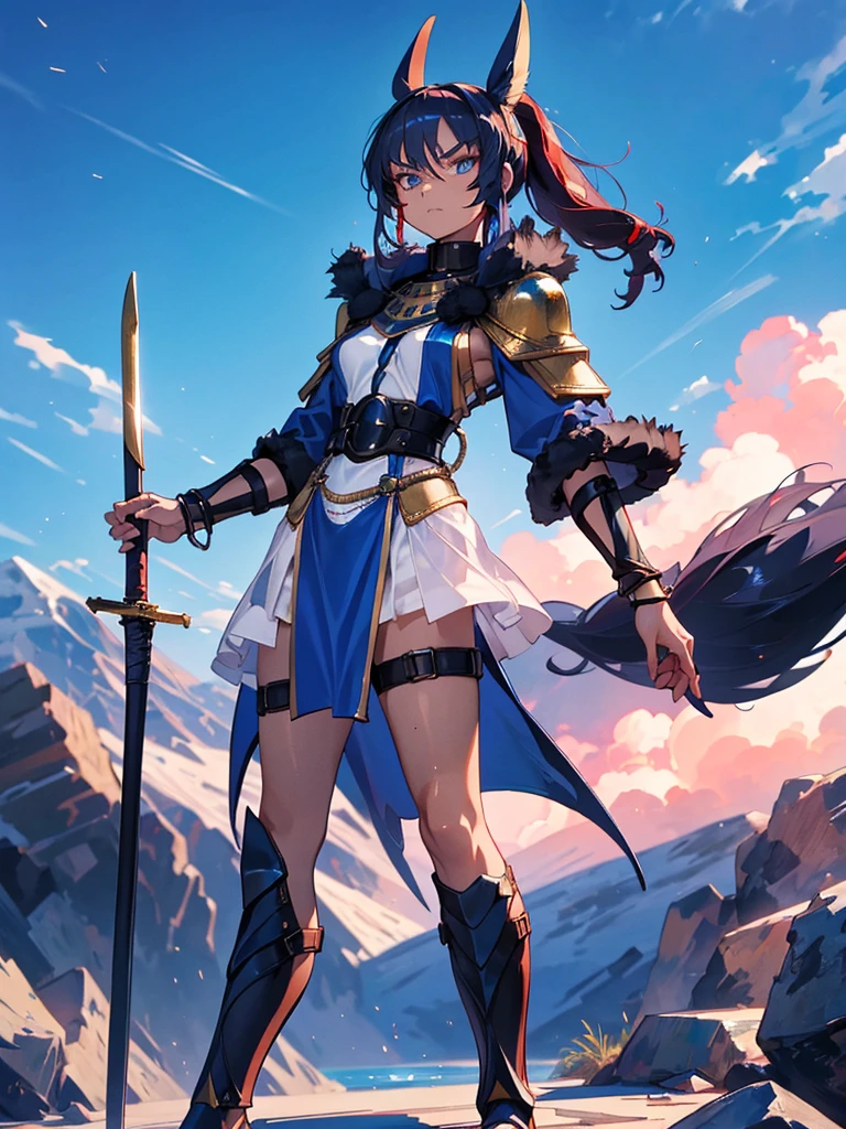 Very detailed, blue eyes, Redhead, Angry expression,Wearing a black fur jacket, Medium Hair,ponytail, Anime Style, whole body, alone, Stylish Gladiator Girl, I have a rapier,Standing in the Wilderness,