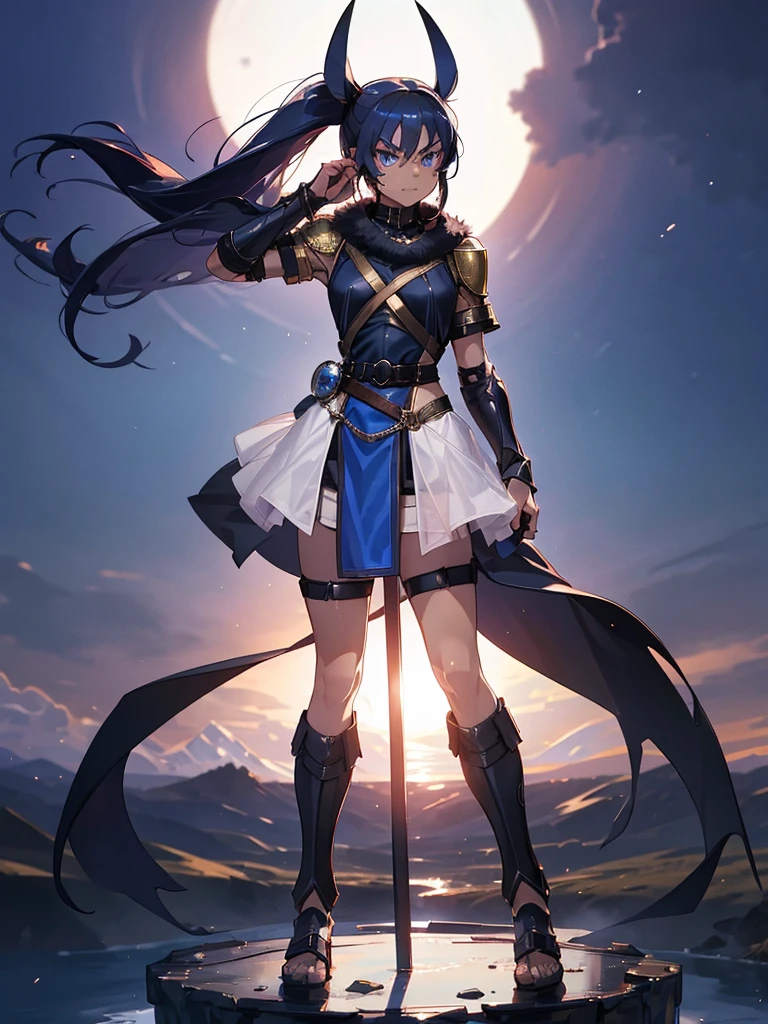 Very detailed, blue eyes, Redhead, Angry expression,Wearing a black fur jacket, Medium Hair,ponytail, Anime Style, whole body, alone, Stylish Gladiator Girl, I have a rapier,Standing in the Wilderness,