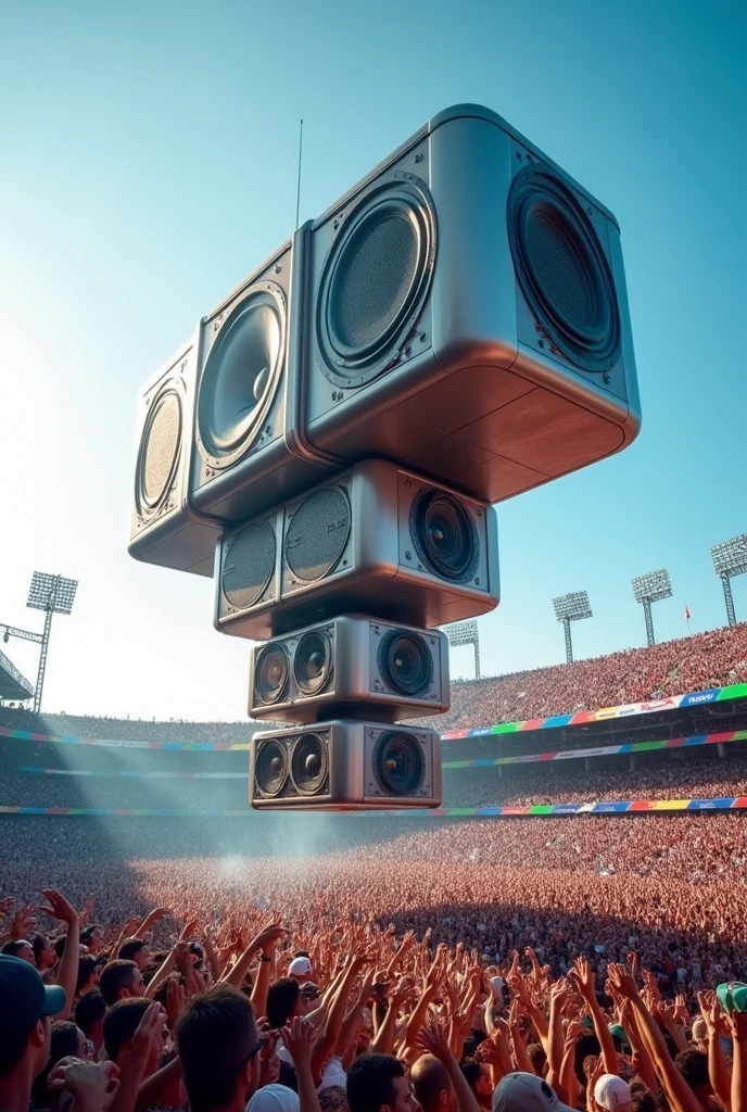 Detachable Oval shaped stacked speakers and subwoofers system suspended in air rigged at the center of a stadium for 1000 capacity and more live music performance concert in broad day light