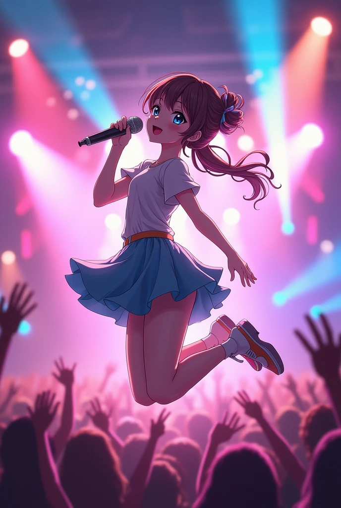 realistic,8k,Beautiful Japanese girl, rock idol estilo love live, singing for his fans at the stadium
