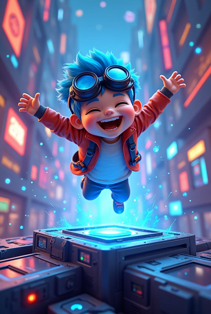 there is a cartoon of a boy flying over a computer, 8 k cartoon illustration, high-tech environment, commercial illustration, computer game, promotional art, exciting illustration, digital art cartoon, digital illustation, digital 2d animation, colorful kids book illustration, corporate animation style, future technology, children's cartoon, proffesional illustration, animation illustrative style