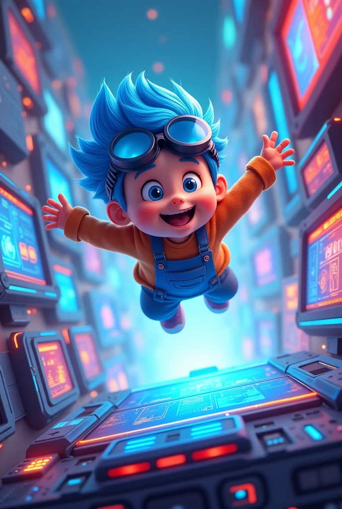 there is a cartoon of a boy flying over a computer, 8 k cartoon illustration, high-tech environment, commercial illustration, computer game, promotional art, exciting illustration, digital art cartoon, digital illustation, digital 2d animation, colorful kids book illustration, corporate animation style, future technology, children's cartoon, proffesional illustration, animation illustrative style