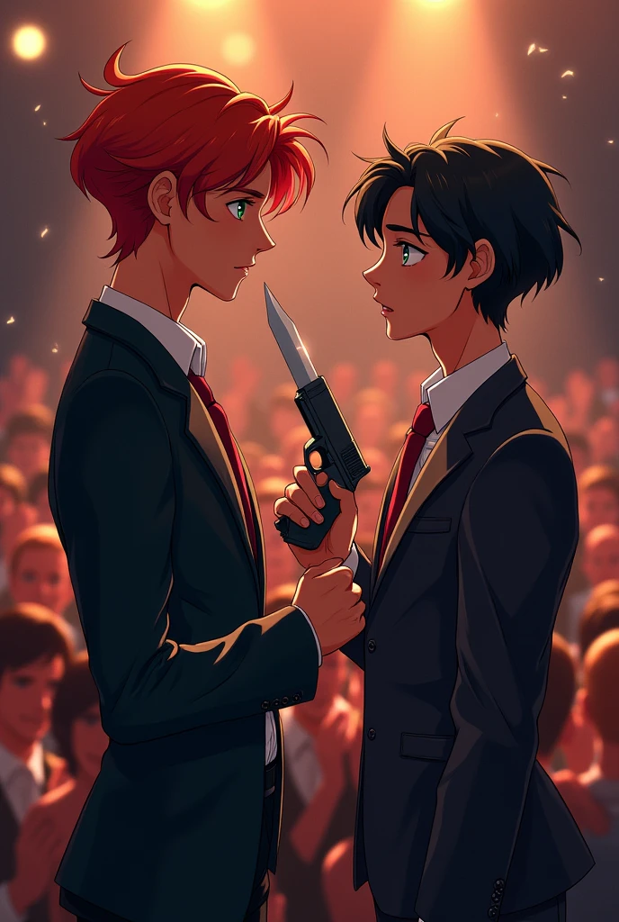 General an image of a theater where there are two young people, One with red hair and green eyes looking at the other young man with black hair and blue eyes looking at him with longing, while in the background the public is applauding, and these two young men with red hair point at the other with a knife while the one with black hair with a gun, the one with black hair is taller than the one with red hair , The black-haired one doesn't have a beard