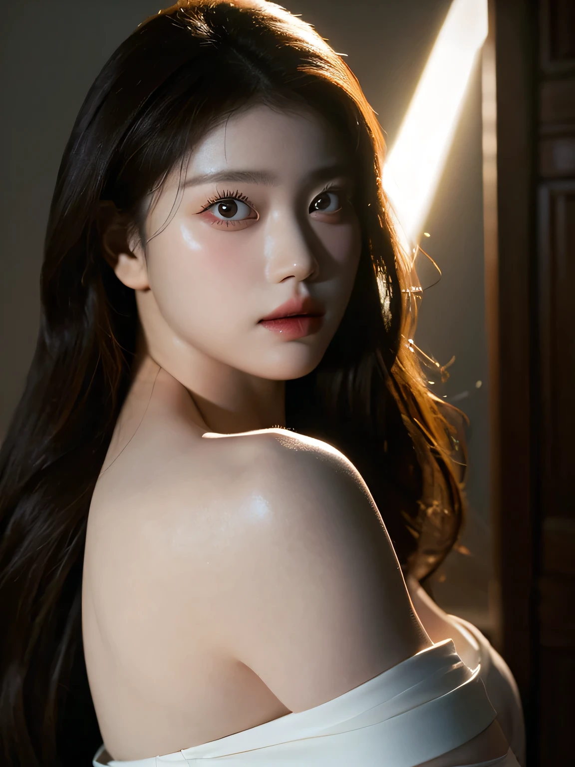 Best quality, masterpiece, ultra high res, (photorealistic:1.4), raw photo, 1girl, offshoulder, in the dark, deep shadow, low key, cold light, chiaroscuro