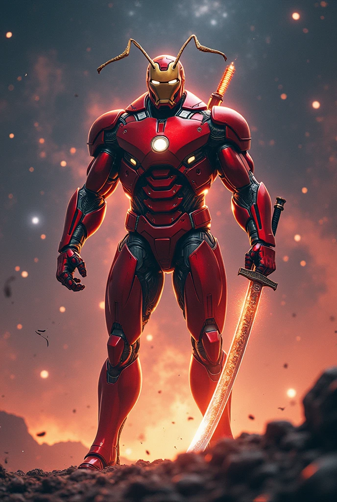 Fire ant in a robotic future armor ,standing with 2 legs, holding a badass katana. Body like a body builder. Color armor red and gold like iron man. In space