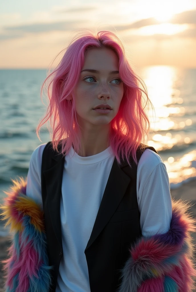 better_Post quality, raw photo, intricate details, Best Quality, 8k hd, Soft lighting, 1 girl, Alone, alexa said, blue eyes, by the wide, multicolor fur, pink hair, by rubio, black vest t-shirt