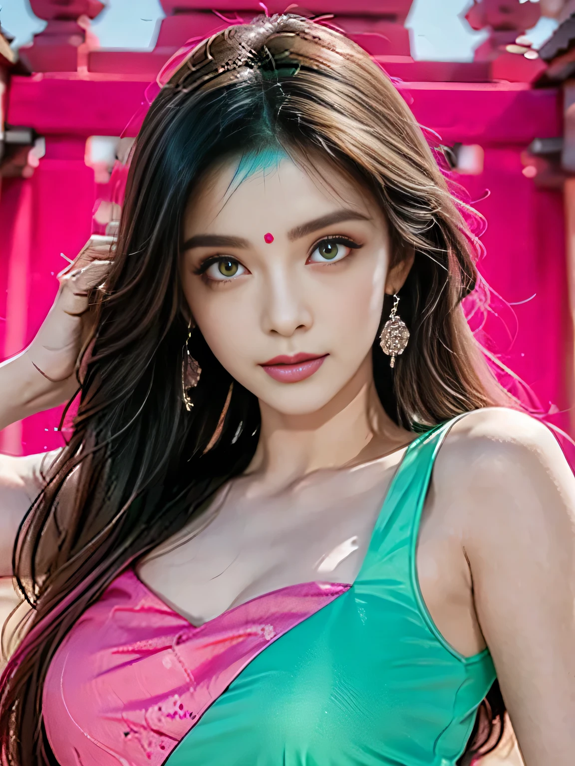 Kanroji Temple Manri, Demon Slayer, Green Eyes, Pink gradient blue-green, Modern city background, Detailed hand details Detailed face details, Delicate eyes, Ultra-realistic, Extremely detailed, best quality, masterpiece.