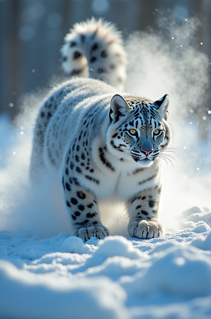 a woman shape-shifter from D&D turning into an anthropomorphic female snow_leopard furry while falling through a portal, laying on the ground, snow_leopard fur, snow_leopard tail, snow_leopard ears, snow_leopard nose, snout, paws, surprised, enveloped by magical smoke