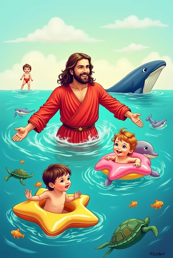 Create a print art for a BLOUSE In the art you must put Jesus dressed as a lifeguard, inside the sea, swimming towards the 2 drowning children, add floats to the children.
  Also add little fish, whale and turtles, I want all the art in DRAWING. 
The kids have to be cute .
OBSERVATION: I want Jesus dressed and without glasses 