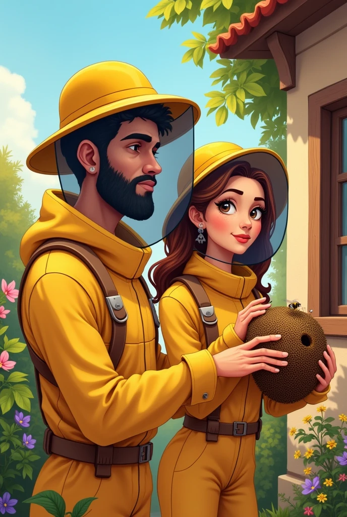 the image must have a cartoon style, with u Generate an image of two beekeepers, one man and one woman, in yellow beekeeping clothing, the man must be young and have a black beard, eyes black e tom de pele branca
, Lebanese traits , black short hair, eyes black, small-nose, the woman must have brown hair and European features, com olhos castanhos, removing bees from a house, using safety equipment, beekeeping mask and removing a bee nest that is close to a house