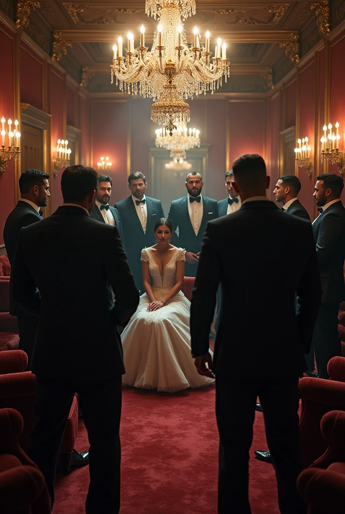 10 black guys in a luxury room start to have dark intentions towards the girl