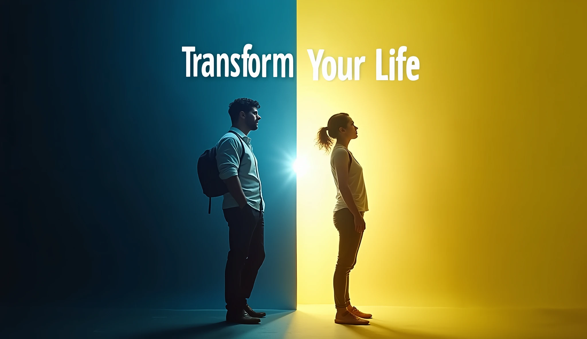   "prompt": "Create a YouTube thumbnail featuring a 'before and after' concept. On the left side, a person appears shy and withdrawn in dull colors, while on the right side, they are confident and empowered, standing in a spotlight with a golden aura. The background transitions from dark tones to vibrant Electric Blue (#007bff) and Neon Yellow (#ffff00). The text reads 'Transform Your Life' in bold, white Roboto font with a shadow effect."