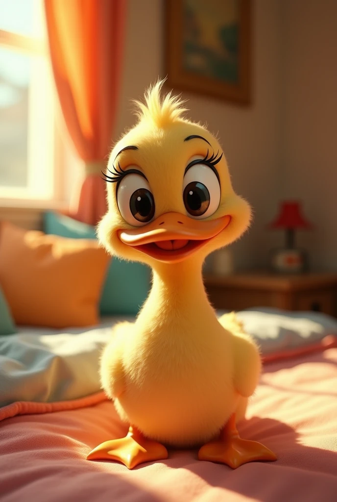 a close up of a cartoon duck in a room with a bed, kathy zyduck, a still of a happy, cute pixar character, depicted as a pixar character, inspired by Jacob Duck, smug look, duck, as a pixar character, pixar cute character design, donald duck in real life, she has a cute expressive face, pixar cute, disney pixar movie still