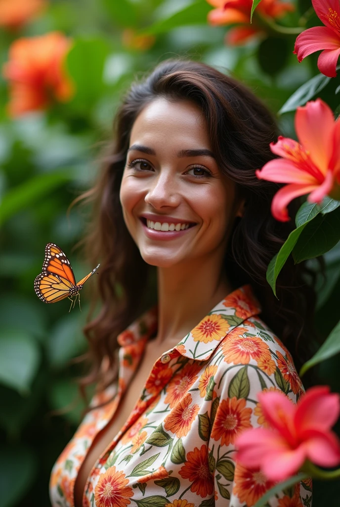 A Brazilian woman in a lush tropical garden, wearing an open shirt with a floral print, with a close-up capturing the harmonious beauty between her breasts and the natural flowers, showing off your natural charm and outgoing personality.