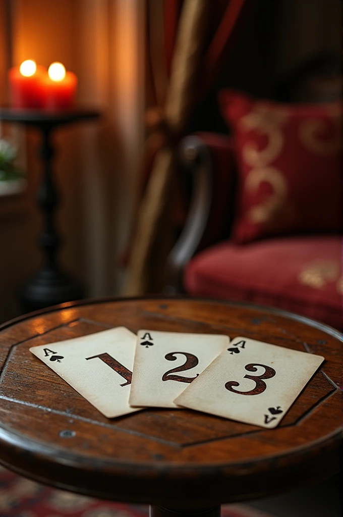 Create an image: with Three cards face down, with numbers 1 2 3 Written in Portuguese And above the letters written “Which one reveals the power of looks ?”