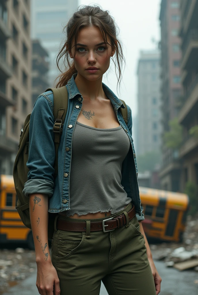 Megan Fox Create image depicts a young woman standing in a post-apocalyptic urban setting. She has a determined and resilient expression, with bright blue eyes that stand out against her slightly dirty face, which shows signs of hardship and survival. Her hair is tousled and pulled back, with loose strands framing her face. She wears a worn, faded denim shirt with visible tears and huge breasts, over a gray tank top, along with military-style green pants. Her arms show signs of minor injuries or scrapes, emphasizing the tough conditions she's been through. A large backpack is slung over her shoulders, indicating she's on the move, possibly scavenging or searching for something. The background consists of tall, dilapidated buildings, some with broken windows, and a partially wrecked, yellow school bus. The entire scene conveys a sense of desolation, struggle, and survival in a harsh, abandoned world.