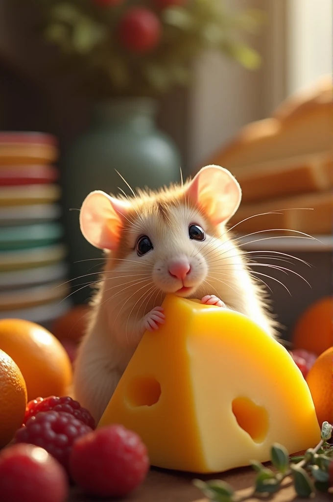 an excited mouse eating cheese
