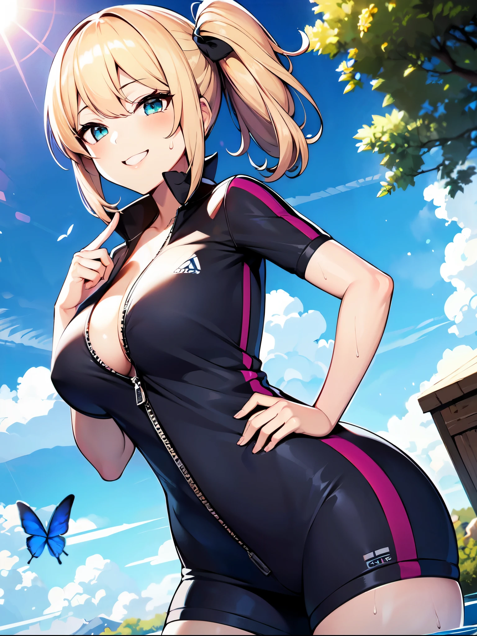 ((super high quality,Ultra-high resolution,16K,super masterpiece,Ultra HD,Ultra high definition:1.3,))One Girl,18-year-old,(Blonde:1.5,Short wavy hair:1.3),Short Side Ponytail,(Butterfly Shape,Black and purple hair band:1.4,)Emerald eyes,Cleavage,sexly,((Opened to the chest,tight,Light pink:1.3,One-piece sweat suit:1.5,))(popped collar,tight襟,Large collar,Fine zipper:1.3,)(light blue butterfly necklace:1.2,)To the camera,Smiling happily,Close one eye, V-sign with one hand,Place one hand on hip,leaning forward with her body angled forward,Sweaty,(A lot of water splashes all over the body:1.5,)Angle looking up from below,a blue sky with clouds and sun,